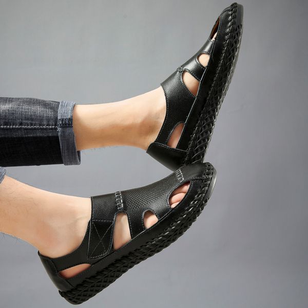 

hollow sandalie outdoor korean shoe work mens men casual water transpirables beach 2020 summer slip breathable Breathable mesh, Black