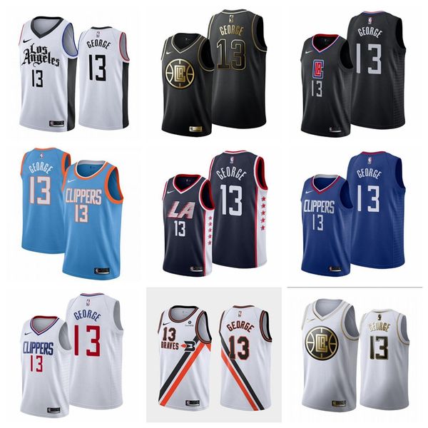 

men youth la clippers paul george white black blue 19/20 city edition swingman basketball jersey, Black;red