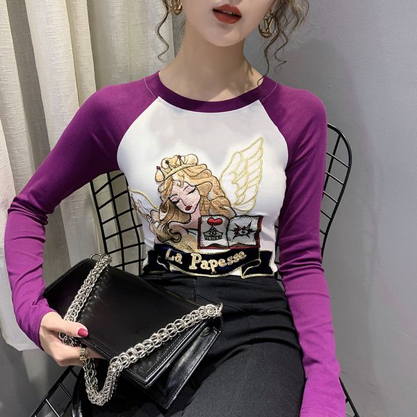 

long sleeve t-shirt for women embroidery cartoon t-shirt 2020 new round collar tshirt fashion slim, White