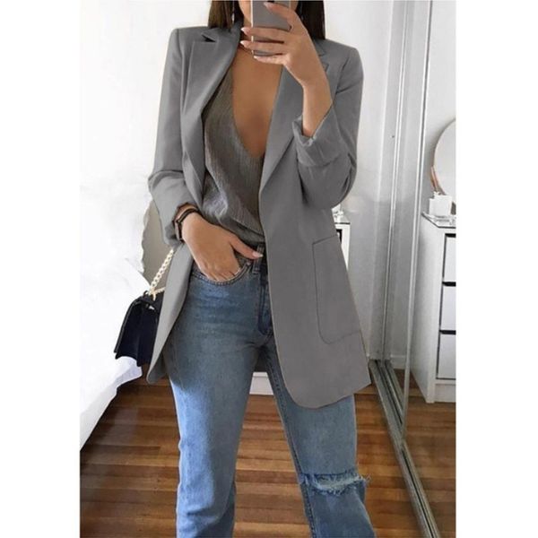 

solid office lady jacket women long blazer notched casual slim women's blazer long jacket, White;black