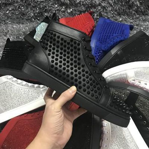 

wholesale famous designer brand for men gold silver rhinestone red bottom sneakers lovers genuine leather high casual flats shoes m606, Black