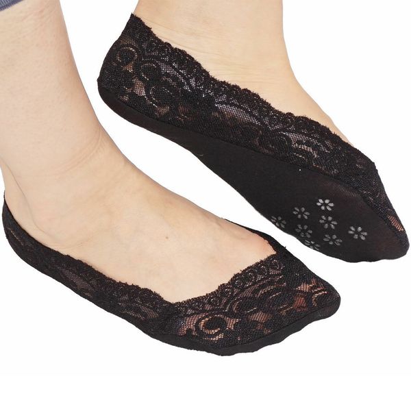 

5 pairs anti-slip silicone casual lace invisible socks transparent fashion mesh thin short floral summer low elastic women, Black;white