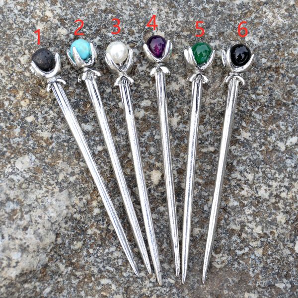 

1pc antique 6 styles vintage silver china ethnic hair sticks pin pearl lava obsidian headbands barrettes hair clips, Golden;white