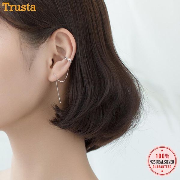 

trustdavis 100% 925 sterling silver earrings chain ear clip with 8.8cm line pretty teen girl women silver 925 jewelry gift dt41, Golden;silver