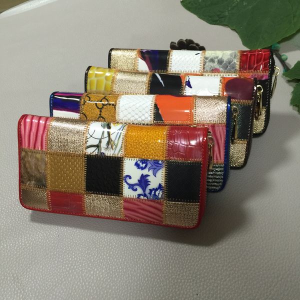 

new ethnic style stitching leather long womens wallet large capacity chain with hand strap clutch wallet, Red;black