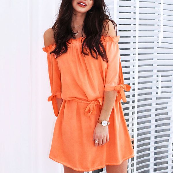 

off shoulder high waist half sleeve boat neck daily lace-up soft solid casual women dress loose bowknot mini, Black;gray