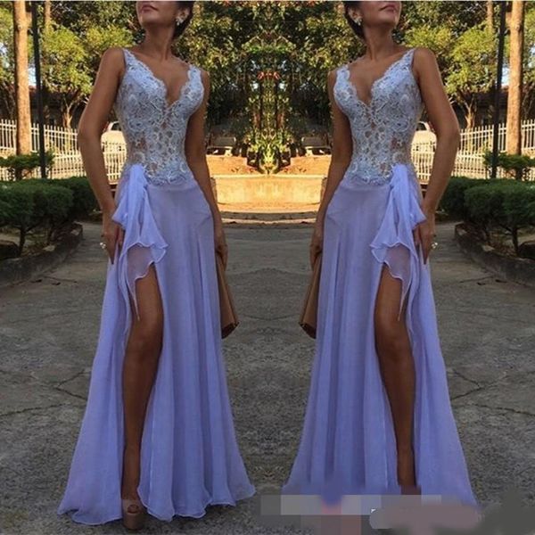 

2020 a formal gowns lace applique v-neck mermaid evening dresses split striking prom party gowns, Black