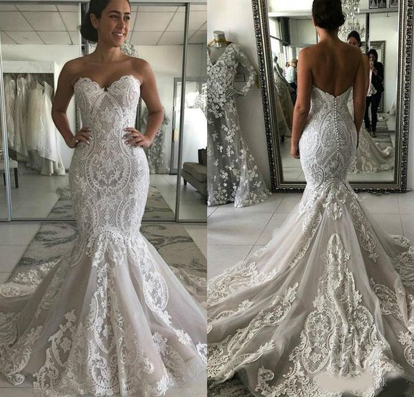

lace mermaid wedding dresses sweetheart appliqued sweep train modest boho wedding dress princess garden plus size bridal gowns, White