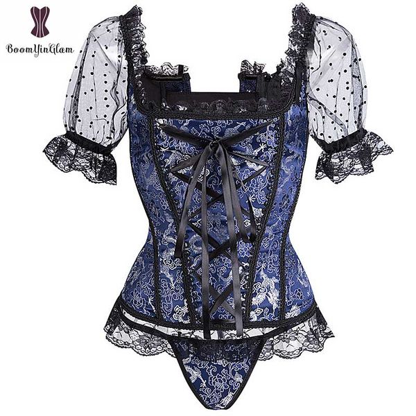 

transparent corset clothes corsets princess clothing lace up corselet short sleeves women bustier floral bone korset, Black;white