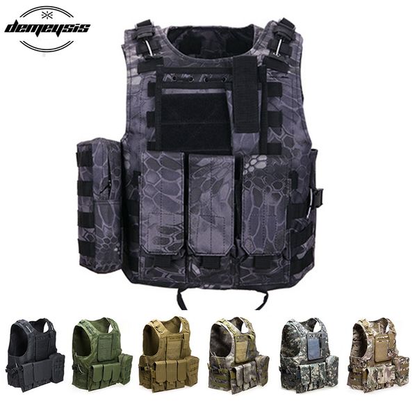 

outdoort hunting fishing vest camouflage vest amphibious multi pockets tacticalvest cs molle plate carrier, Camo;black