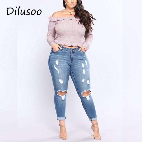 

dilusoo women holes plus size jeans pants high elastic skinny pencil pants denim jeans woman casual spring size 2-7xl trousers, Blue