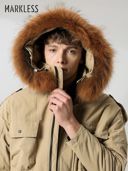 

markless long thick 90% white duck down men 2018 winter warm hooded parkas detachable raccoon fur down coats yra8315m, Black