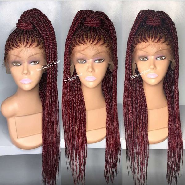 

Длинные винно-красные косы Cornrow Вязание крючком парик микро косы полный кружева п