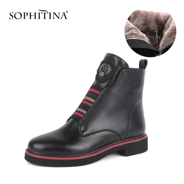 

sophitina wool fur ankle boots genuine leather comfortable square heel shoes keep warm round toe winter boots sc526 t200104, Black