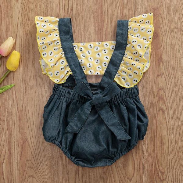 

rompers summer infant born baby girl romper sleeve bee printing bodysuit ruffle jumpsuit outfits casual clothes, Blue