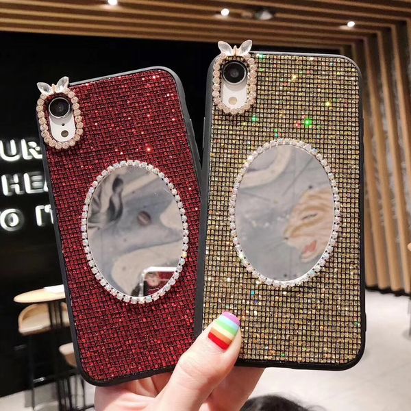 

2019 women cute case diamond designer phone case for iphone xr xs max x 8 7 6 with makeup mirror rabbit fashion tpu back cover 4 styles