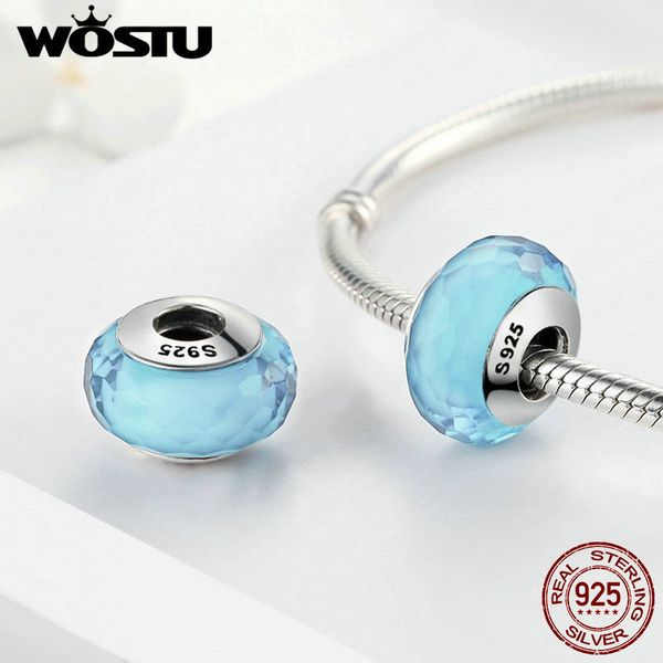 

wostu real 925 sterling silver elegant sea blue муранского стекла бисер fit оригинальный wst браслет роскошный diy ювелирных изделий fiz039, Blue;slivery
