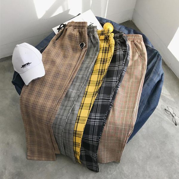 

men women korean black plaid casual pants 2020 mens streetwear harem pants male checkered trousers plus size