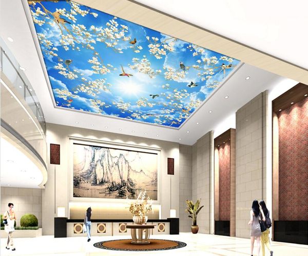 Пользовательские 3D фото обои потолки новый китайский стиль цветок и птица голубое небо и белое облако потолочная роспись