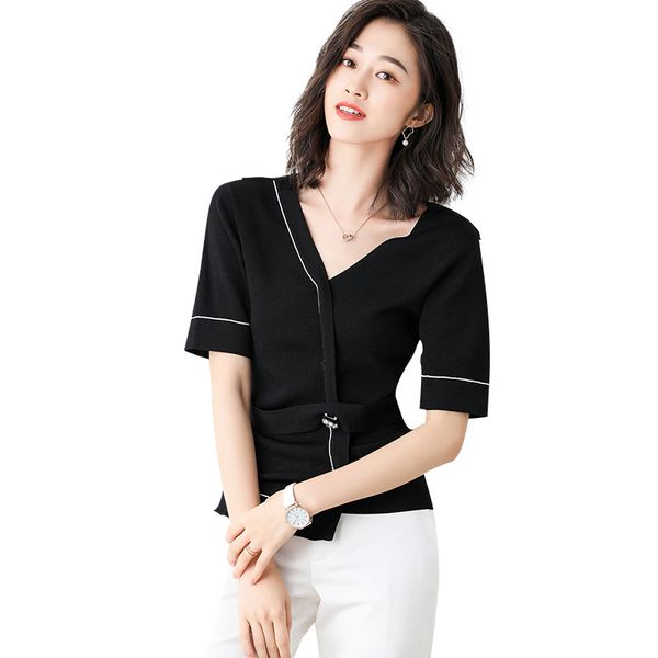 

knitted pullover women sweaters chic retro autumn short sleeve v-neck sashes patchwork fashion jumper pull femme woman knit, White;black