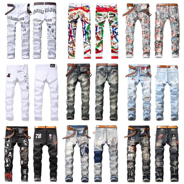 

men's jeans designer gradient patchwork skinny elatic slim casual retro drop jogger true corerall jeans distressed blue white scratch h