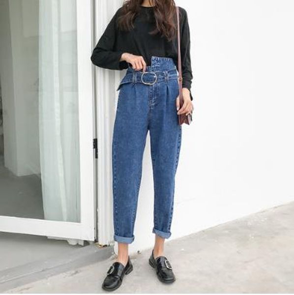 

boyfriend jeans for women fashion loose women jeans with high waist personality asymmetrical belt vintage denim pants lj200, Blue