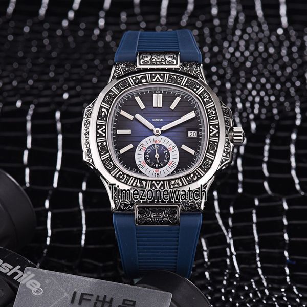 

new sport nautilus steel vintage engraving case 5980/1 5980/1a-014 blue texture dial automatic mens watch blue rubber watches timezonewatch, Slivery;brown