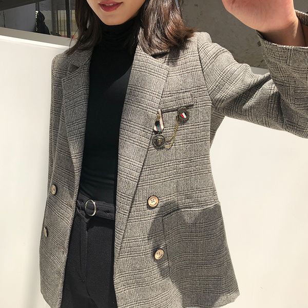 

women blazer khaki plaid check regular double breasted full sleeve notched pockets vintage feshion style, White;black