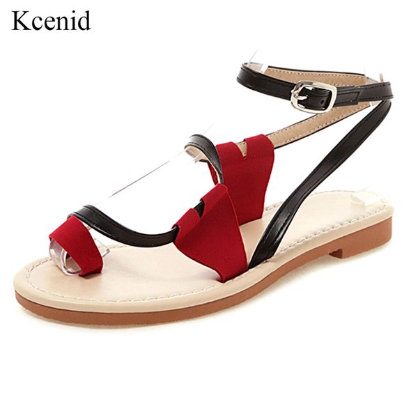

kcenid new pu leather roman casual shoes flip flops summer beach shoes women ankle strap summer sandals plus size 34-50 black