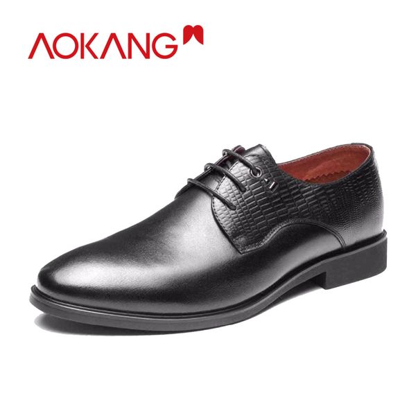 

aokang new arrival men dress shoes genuine leather men's wedding shoes men brogue high quality, Black