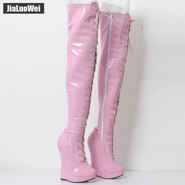 

jialuowei 18cm super high wedge heel heelless boots lace-up zip fetish exotic crotch thigh high over-the-knee boots, Black