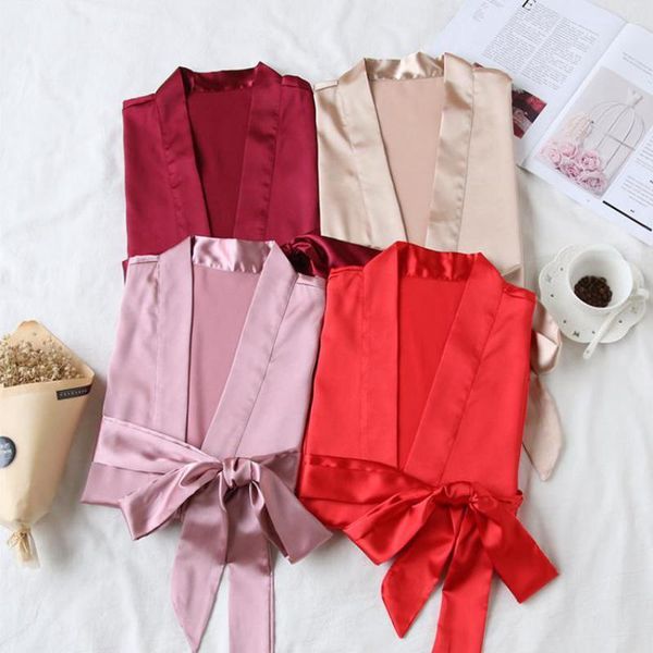 

lady kimono bathrobe female summer robes solid sleepwear lounge home dressing gown faux silk nightdress summer negligee s703, Red;black