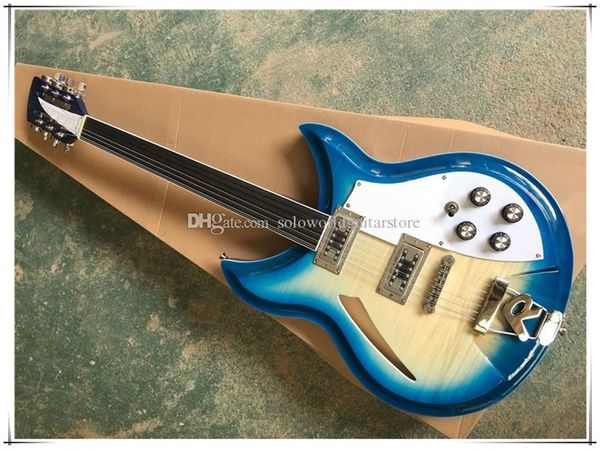 

semi-hollow blue body fretless 12 strings electric guitar with r bridge,rosewood fingerboard,white pickguard,can be customized