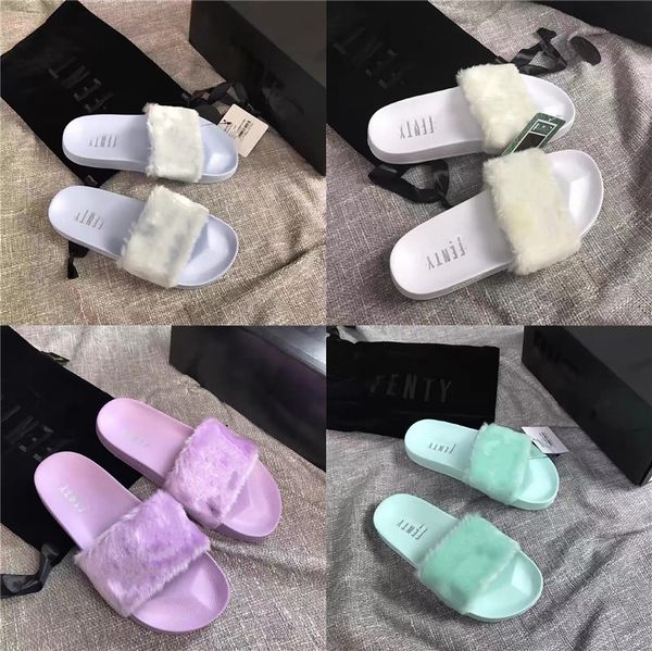 

coolsa summer women slippers real fox fur ffy mixed colors fur slides rubber flat non slip indoor sandals female plush shoes#291, Black