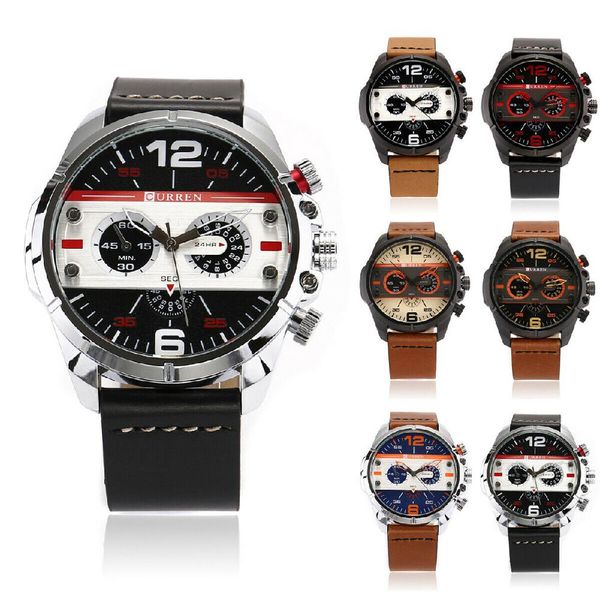 

curren fashion men watch large round dial quartz watch for outdoor sports wear, Slivery;brown