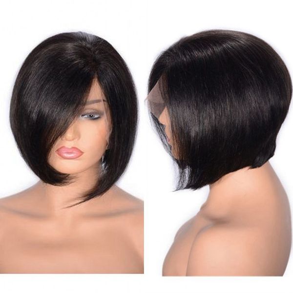 

short straight hair wig brazilian virgin human hair lace front wigs pre plucked hairline for women black color, Black;brown