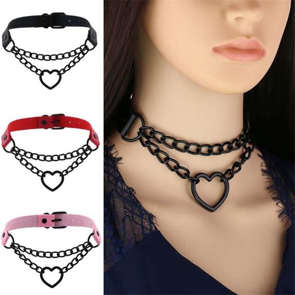 

diezi multilayer harajuku gothic black chain heart pendant necklaces pu leather choker necklaces women men jewelry fashion 2020, Silver