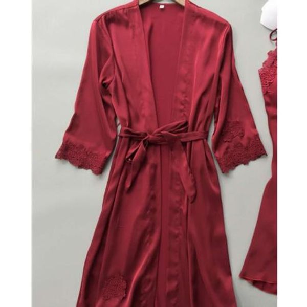 

womens robe & gown sets lace bathrobe + night dress sleepwear womens sleep clothing faux silk robe femme lingerie, Black;red