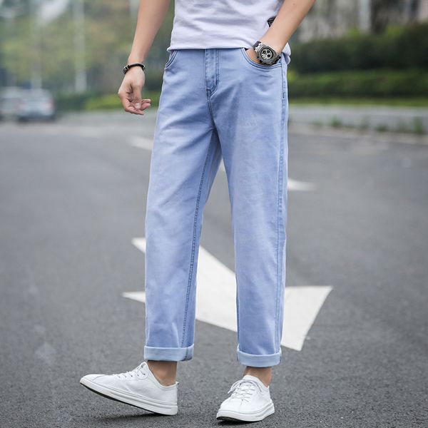 

light color pendant sense wide-leg jeans men's straight-cut loose-fit big trouser legs summer ultra-thin-large size thick men's, Blue
