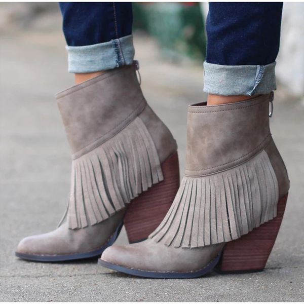 

woman ankle boots autumn women zipper tassels shoes woman's pu leather hoof heels female fashion short boots 2019 new plus, Black
