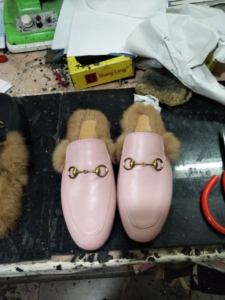 

princetown slippers woman genuine leather flat base slipper lady rabbit hair mules shoes warm slippers at home lazy fur slippers man unisex, Black