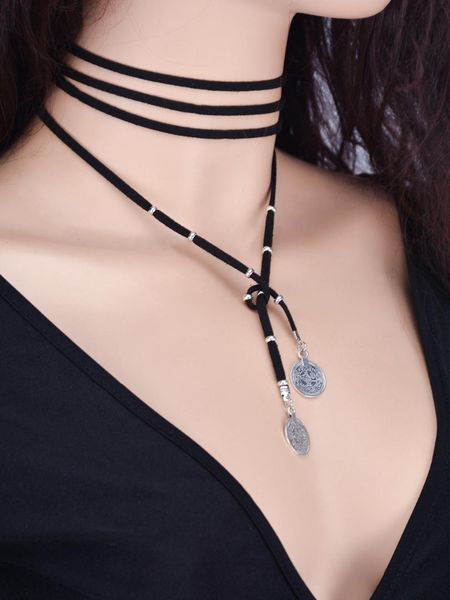 

gothic boho imitation leather choker necklace for women long coin pendant tassel necklaces & pendants collares mujer party gift, Silver