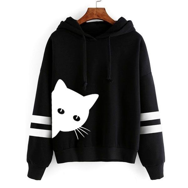 

womens harajuku sweatshirt hoodies cat print autumn long sleeve hoodie hip- sweatshirt hooded pullovers blouse moletom, Black