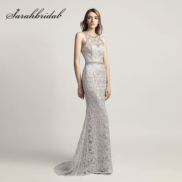 

new arrival silver beading mermaid evening dresses 2019 long fashion plus size prom dress illusion back party gowns ol436, White;black