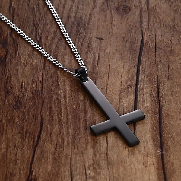 

vnox male black st peter's inverted cross pendant necklace for men stainless steel choker crux de sanctus petrus jewelry, Silver