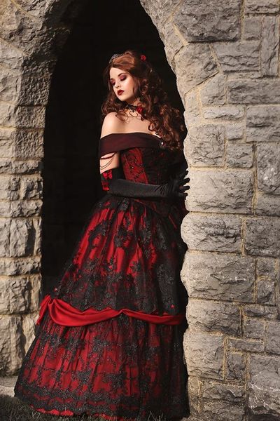 Готическое Красное Черное кружевное свадебное платье, винтажное корсет на шнуровке, стимпанк, Спящая красавица, с открытыми плечами, большие размеры, свадебное платье212a