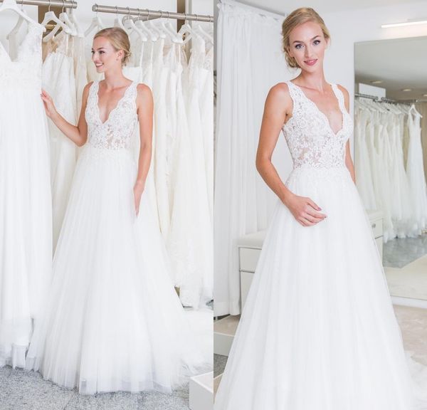 

2020 a line elegant wedding dresses tulle applique lace wedding dresses v neck sweep train vestidos de novia, White