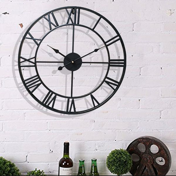 

40cm nordic metal roman numeral wall clocks retro iron round face black gold large outdoor garden clock home decoration