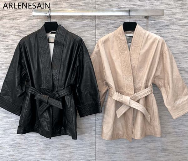 

arlenesain custom 2019 new fashion superb real leather black and beige color women cool jacket
