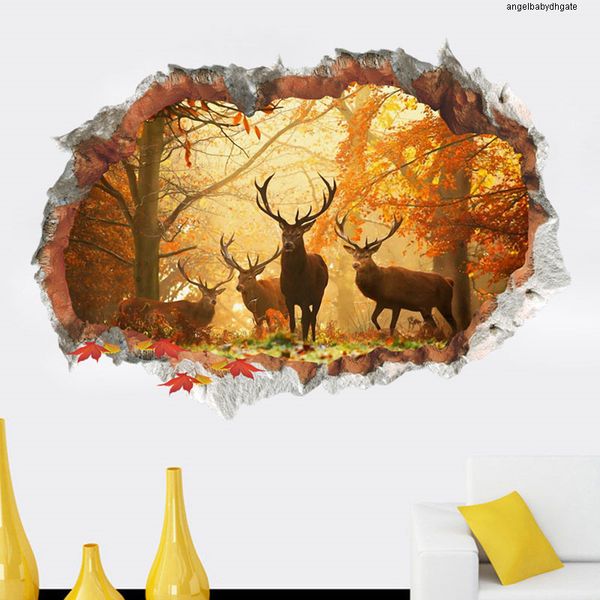 

wall 3d elk broken deer playground hole window view home decals wall stickers for room home decor mural
